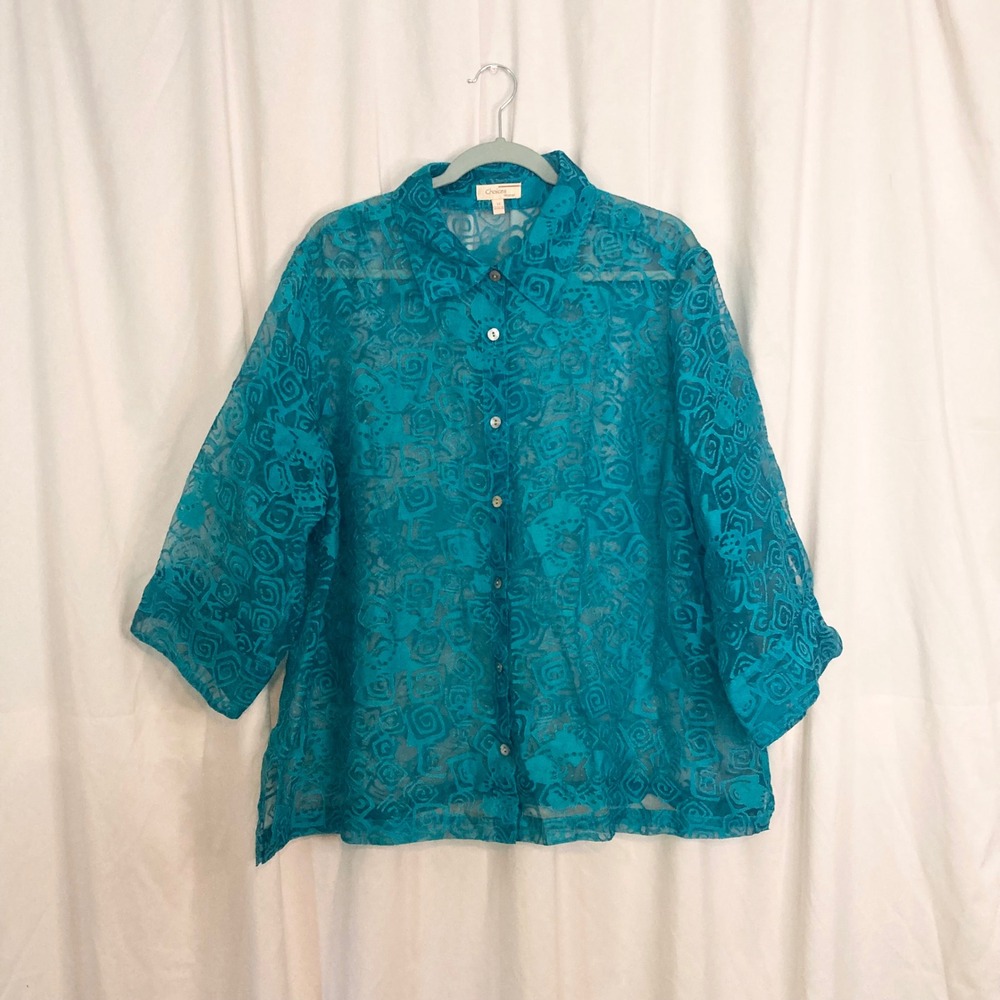 Teal Blue Burnout Mesh Sheer Button Down Blouse 3X Choices Woman Artsy Lagenlook